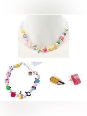 BETSEY JOHNSON SET Back to School Charm & Pearl Necklace Bracelet & Earrings NWT